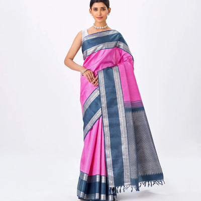 Bubble-gum Pink Handloom Kanchipuram Korvai Silk Saree With Zari Stripes
