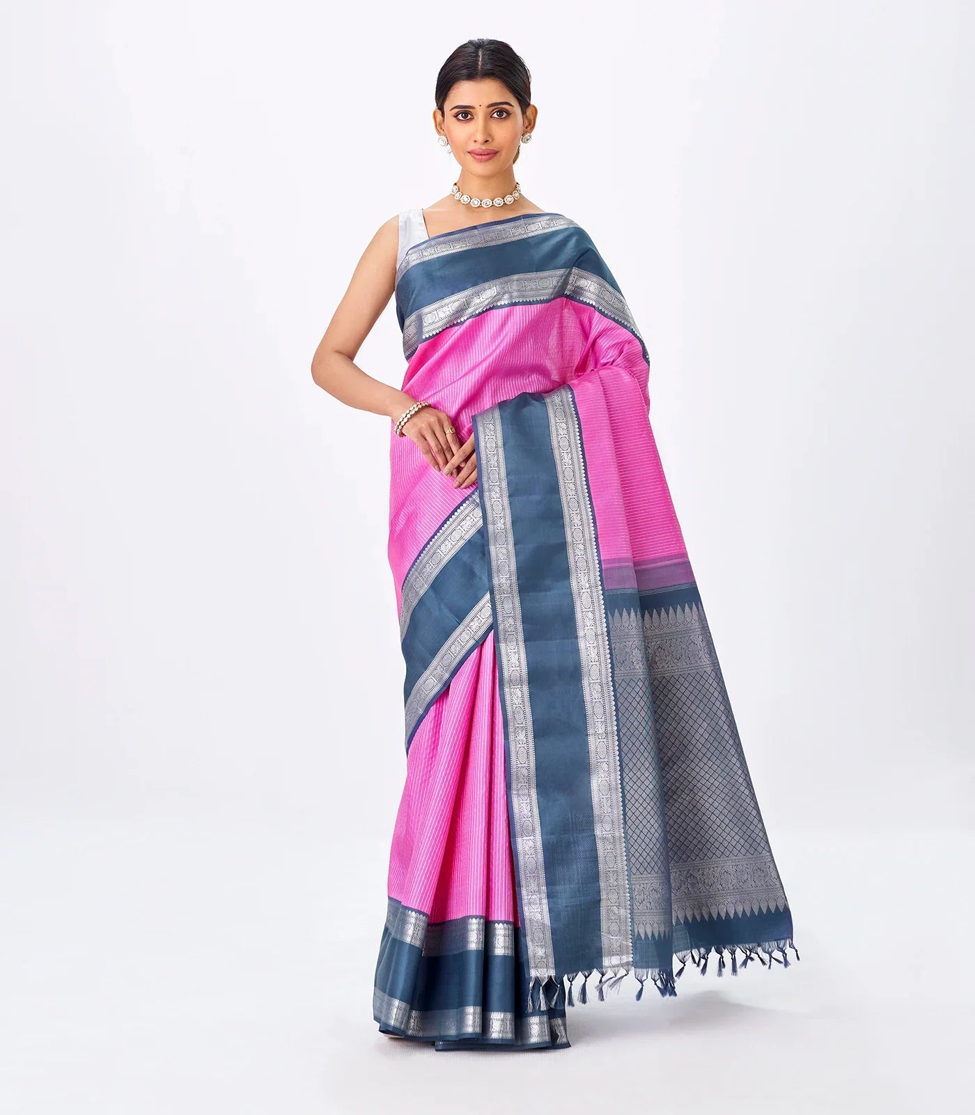 Bubble-gum Pink Handloom Kanchipuram Korvai Silk Saree With Zari Stripes