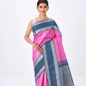Bubble-gum Pink Handloom Kanchipuram Korvai Silk Saree With Zari Stripes