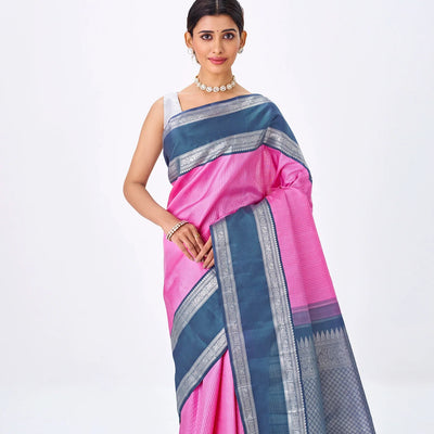 Bubble-gum Pink Handloom Kanchipuram Korvai Silk Saree With Zari Stripes