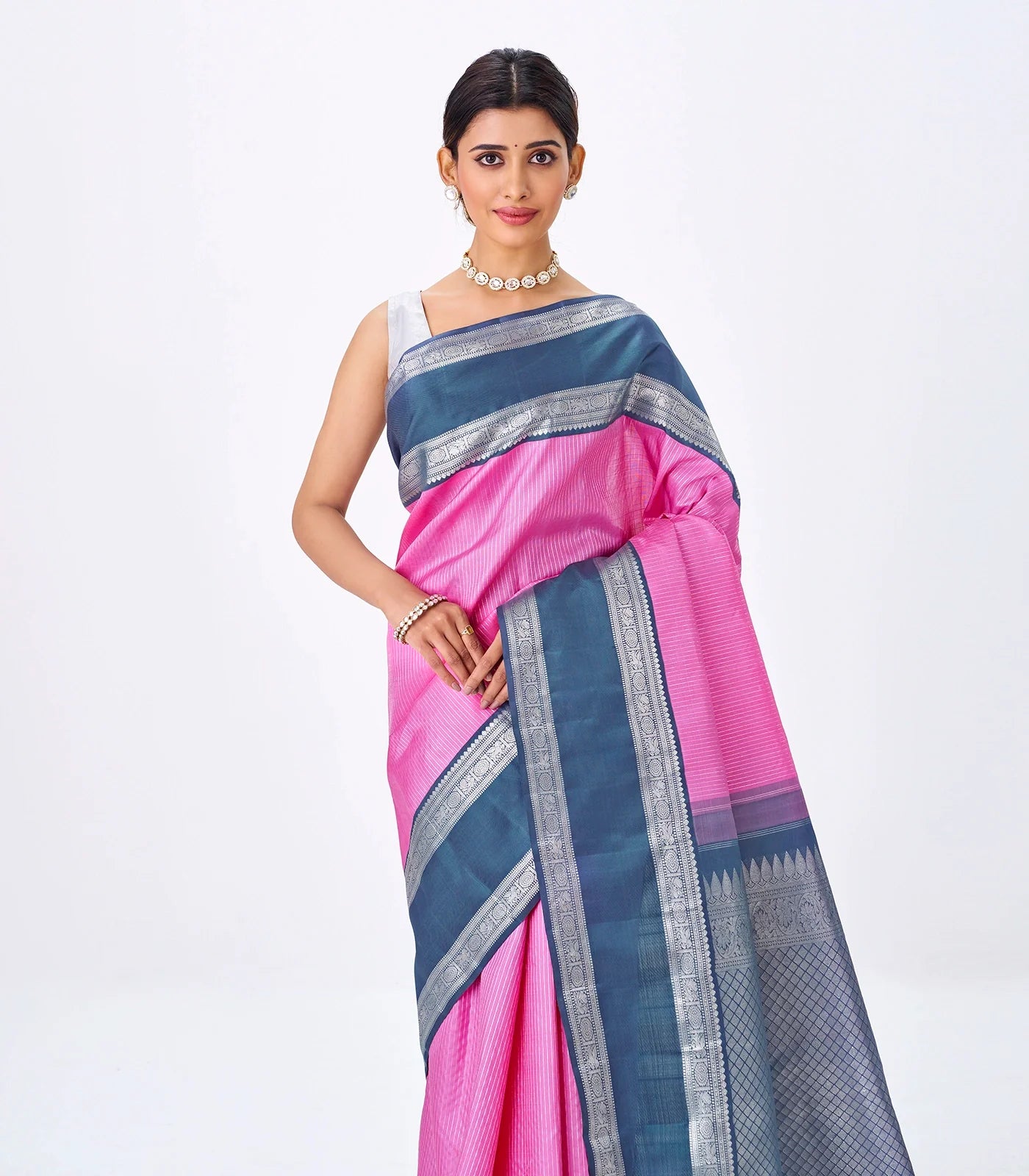 Bubble-gum Pink Handloom Kanchipuram Korvai Silk Saree With Zari Stripes
