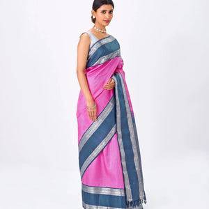 Bubble-gum Pink Handloom Kanchipuram Korvai Silk Saree With Zari Stripes