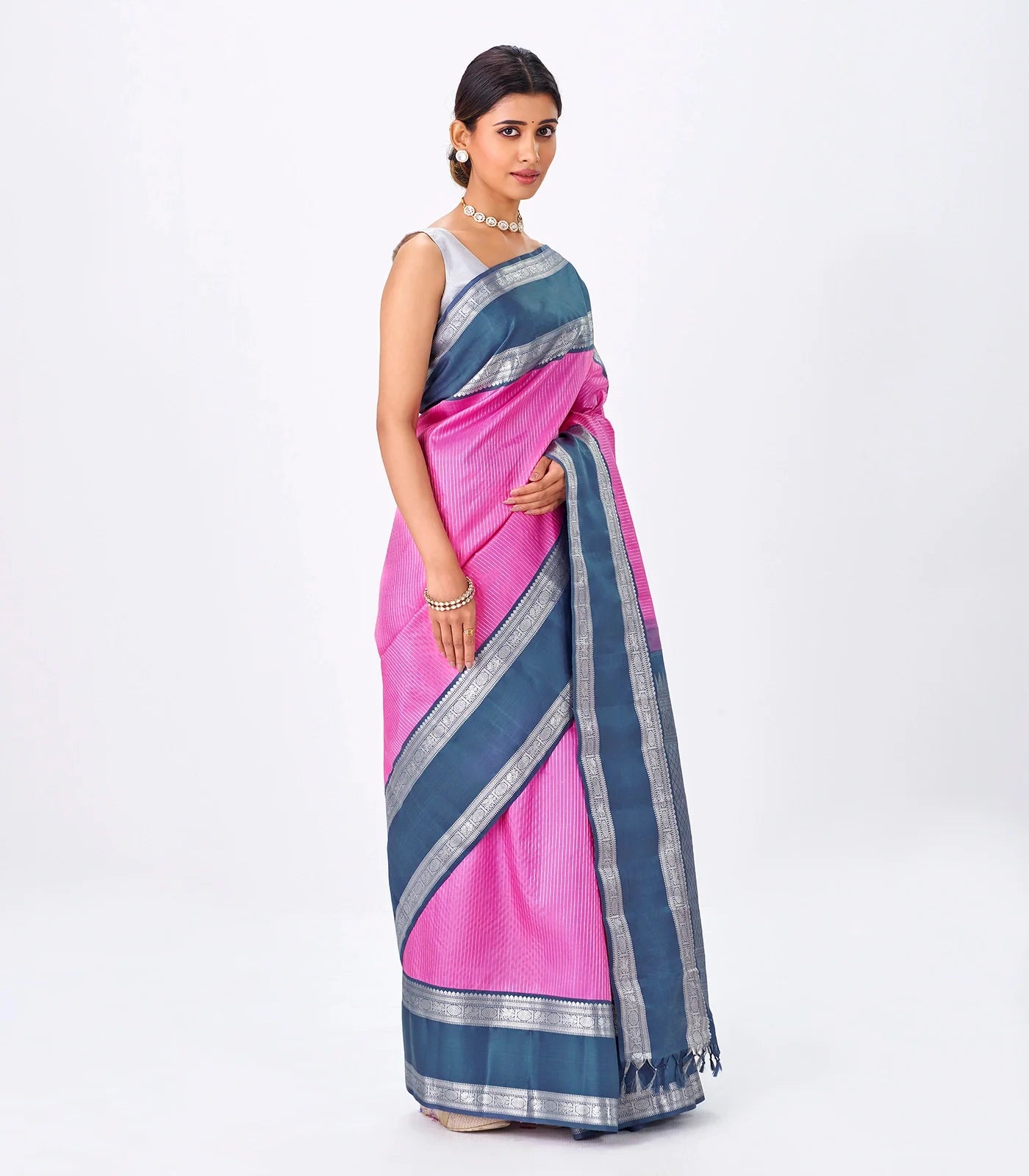 Bubble-gum Pink Handloom Kanchipuram Korvai Silk Saree With Zari Stripes