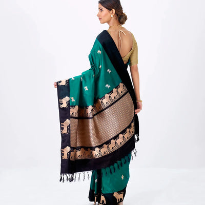 Cyan Handloom Banarasi Silk Saree With Lion Zari Buttas