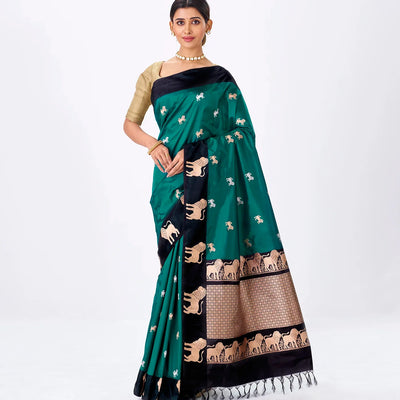 Cyan Handloom Banarasi Silk Saree With Lion Zari Buttas