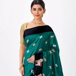 Cyan Handloom Banarasi Silk Saree With Lion Zari Buttas