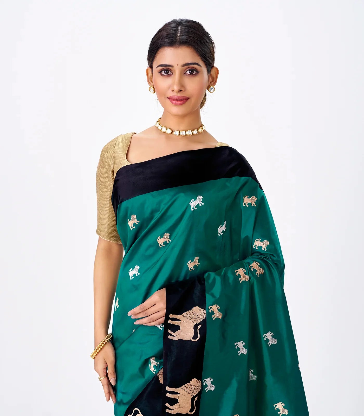 Cyan Handloom Banarasi Silk Saree With Lion Zari Buttas