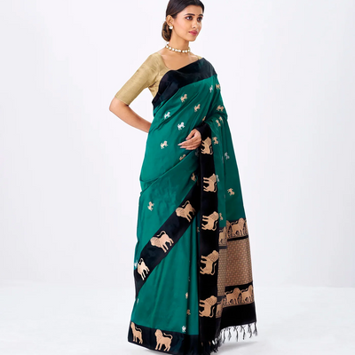 Cyan Handloom Banarasi Silk Saree With Lion Zari Buttas