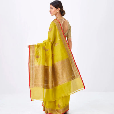 Yellow Handloom Banarasi Silk Cotton Saree With Floral Buttas