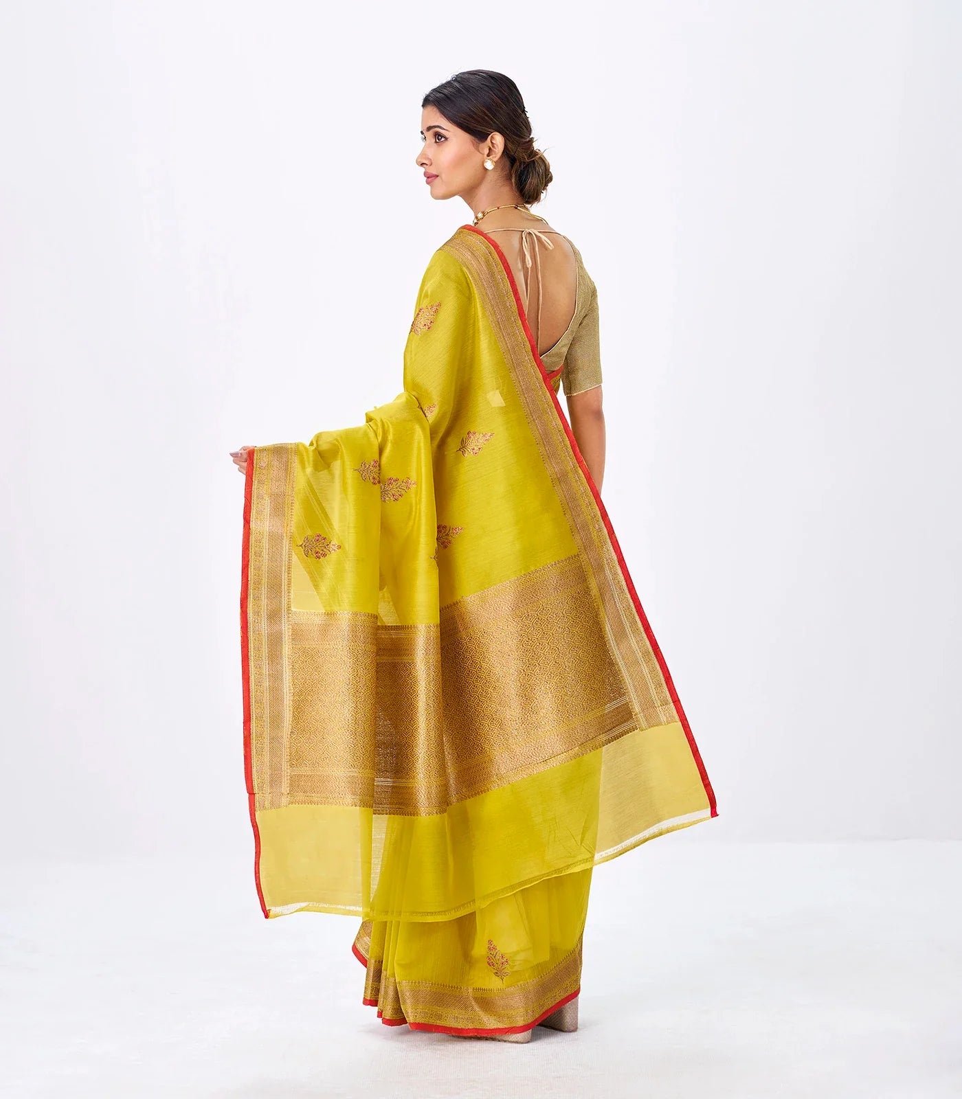 Yellow Handloom Banarasi Silk Cotton Saree With Floral Buttas
