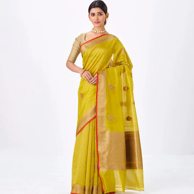 Yellow Handloom Banarasi Silk Cotton Saree With Floral Buttas
