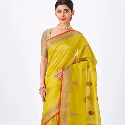 Yellow Handloom Banarasi Silk Cotton Saree With Floral Buttas