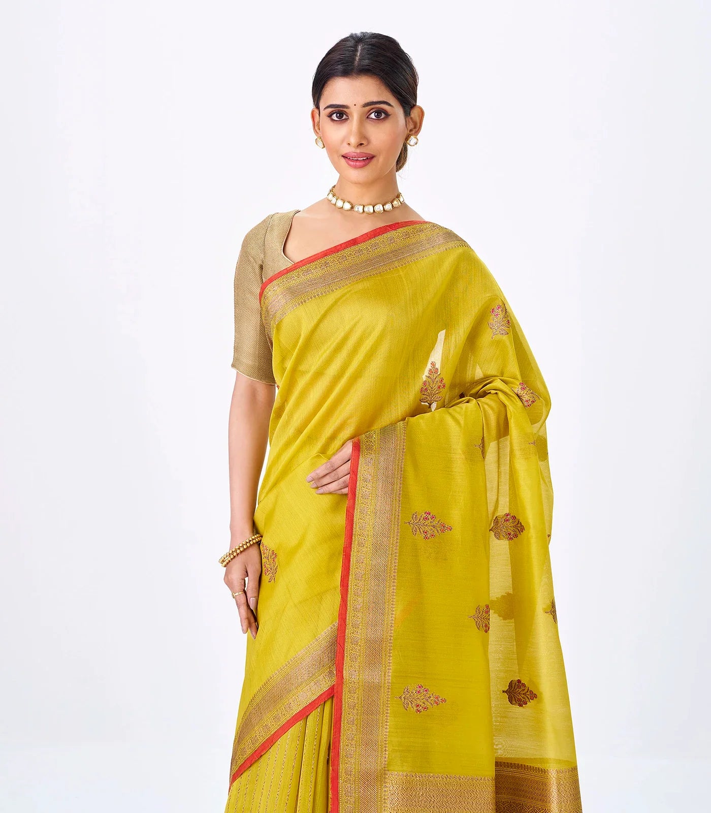 Yellow Handloom Banarasi Silk Cotton Saree With Floral Buttas