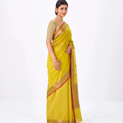 Yellow Handloom Banarasi Silk Cotton Saree With Floral Buttas