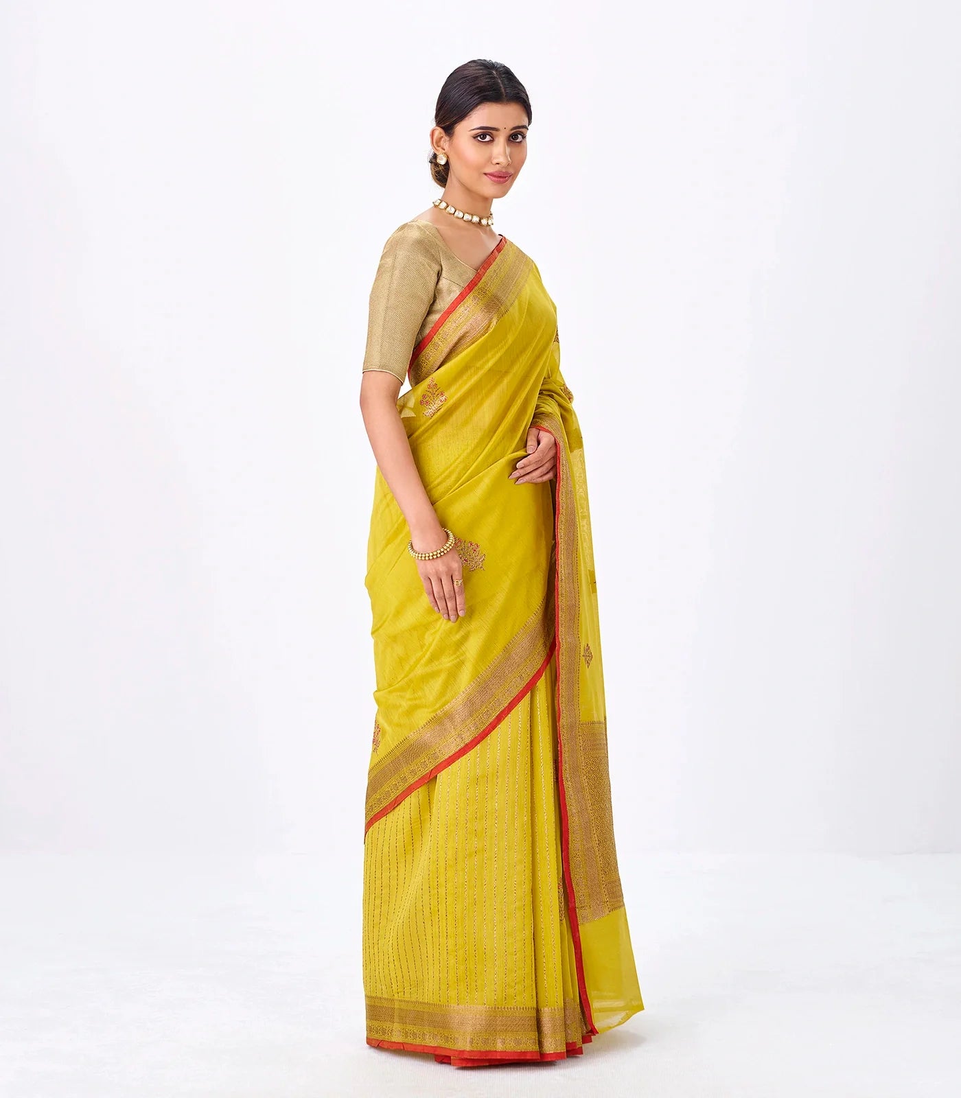 Yellow Handloom Banarasi Silk Cotton Saree With Floral Buttas