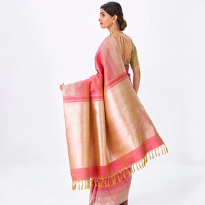 Peach Handloom Kanchipuram Silk Saree With Combtooth Border
