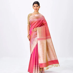 Peach Handloom Kanchipuram Silk Saree With Combtooth Border