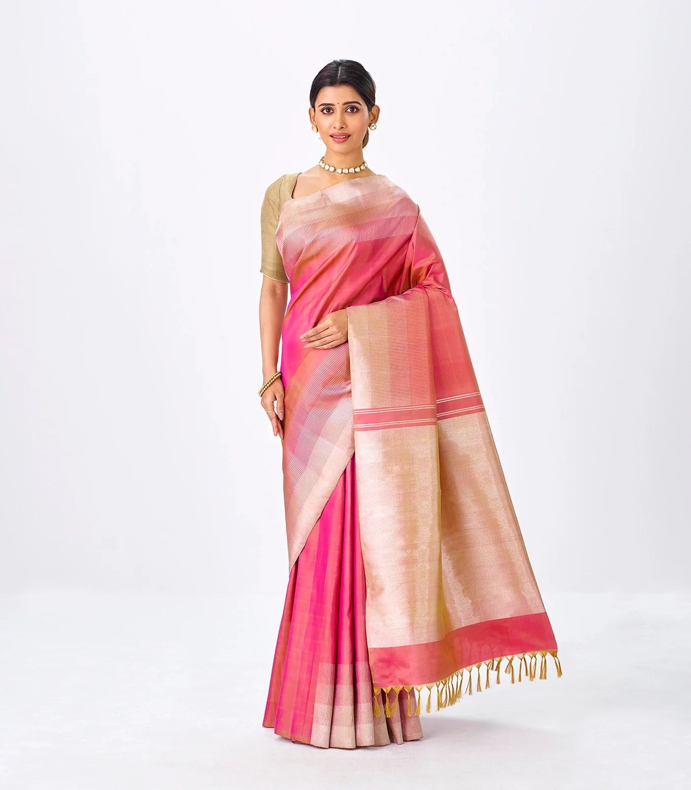 Peach Handloom Kanchipuram Silk Saree With Combtooth Border