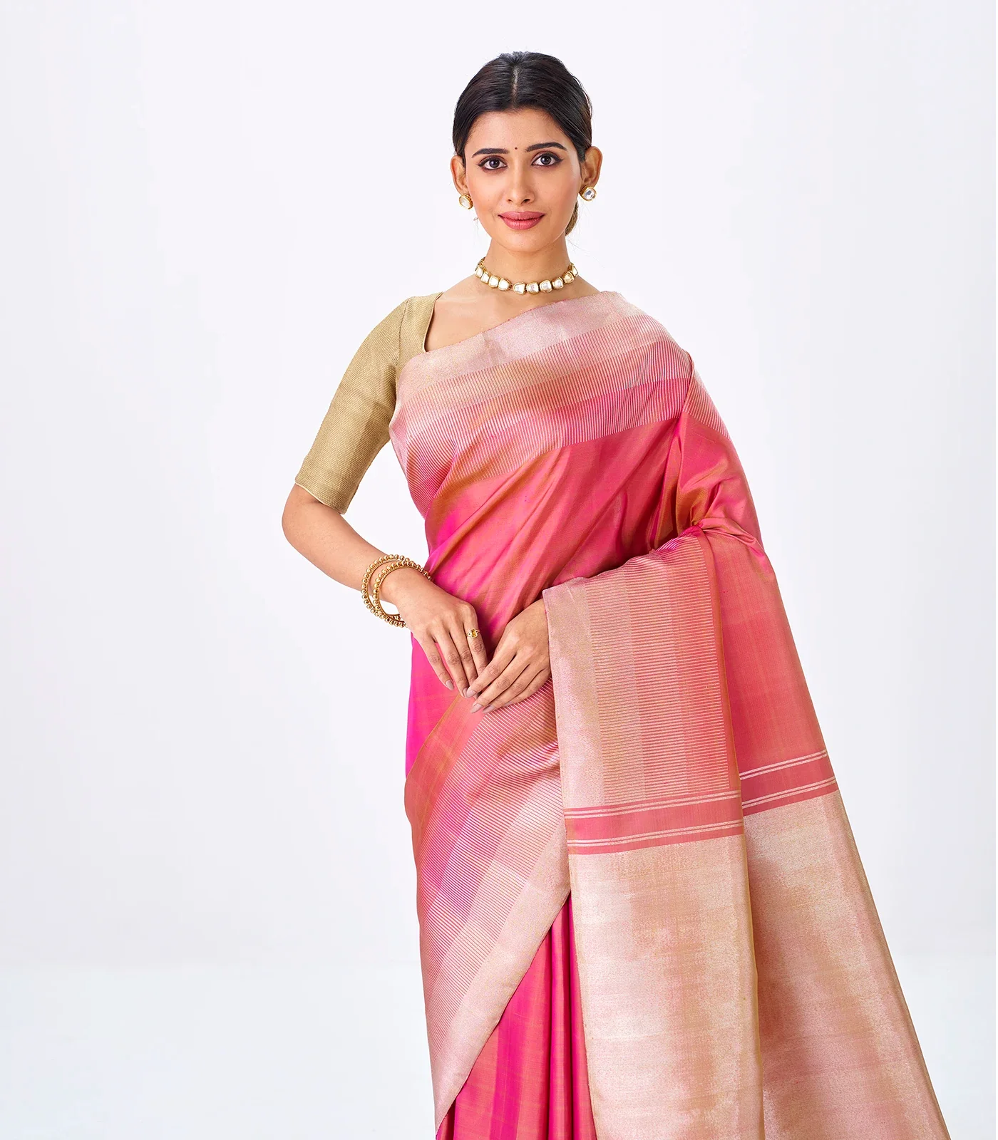 Peach Handloom Kanchipuram Silk Saree With Combtooth Border