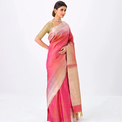 Peach Handloom Kanchipuram Silk Saree With Combtooth Border