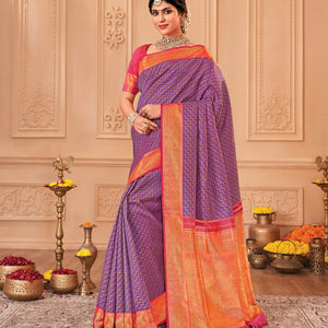Lavender & Pink Handloom Reversible Silk Saree With Chevron Steps