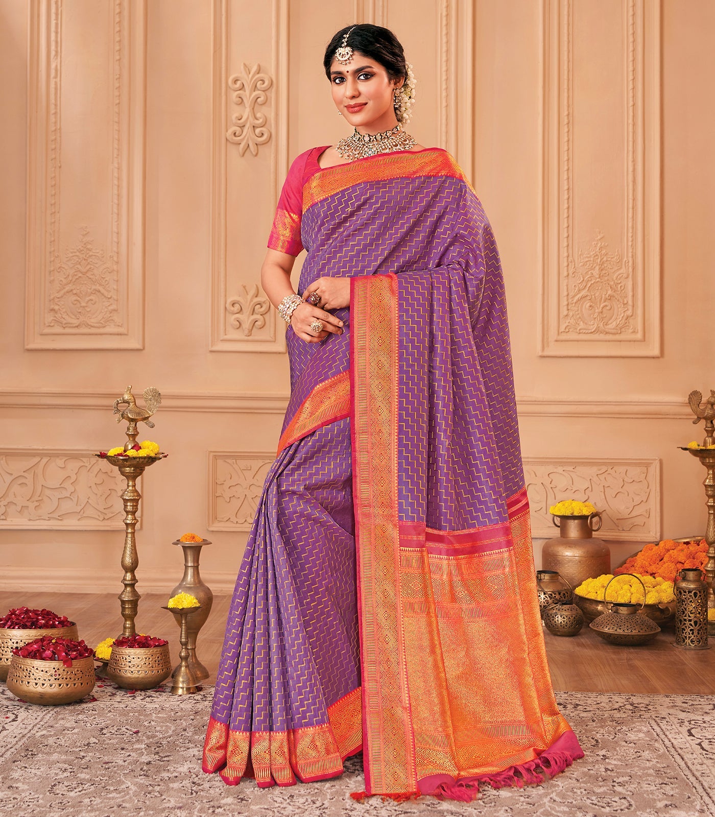 Lavender & Pink Handloom Reversible Silk Saree With Chevron Steps