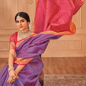 Lavender & Pink Handloom Reversible Silk Saree With Chevron Steps