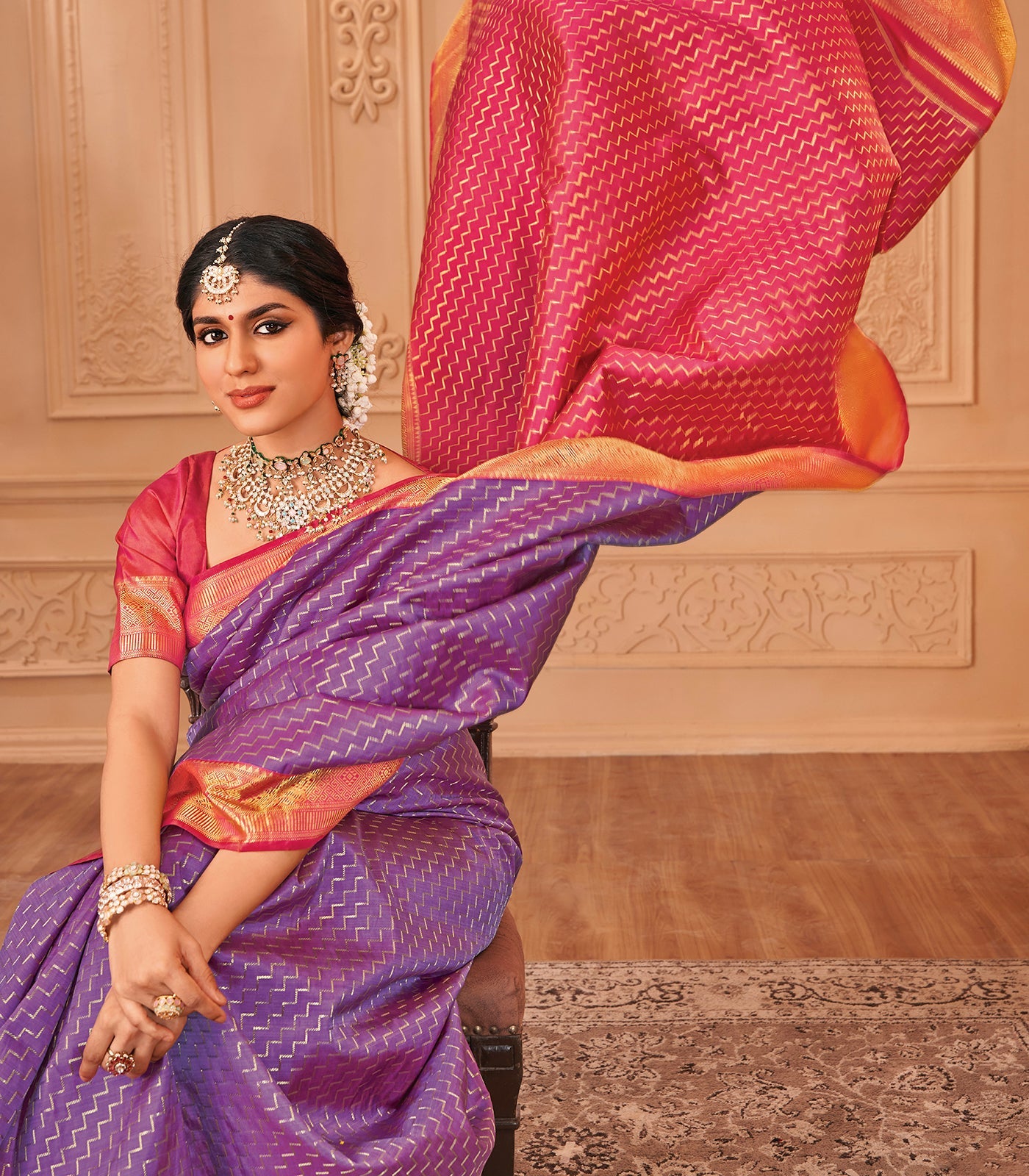 Lavender & Pink Handloom Reversible Silk Saree With Chevron Steps