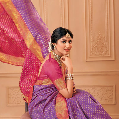Lavender & Pink Handloom Reversible Silk Saree With Chevron Steps