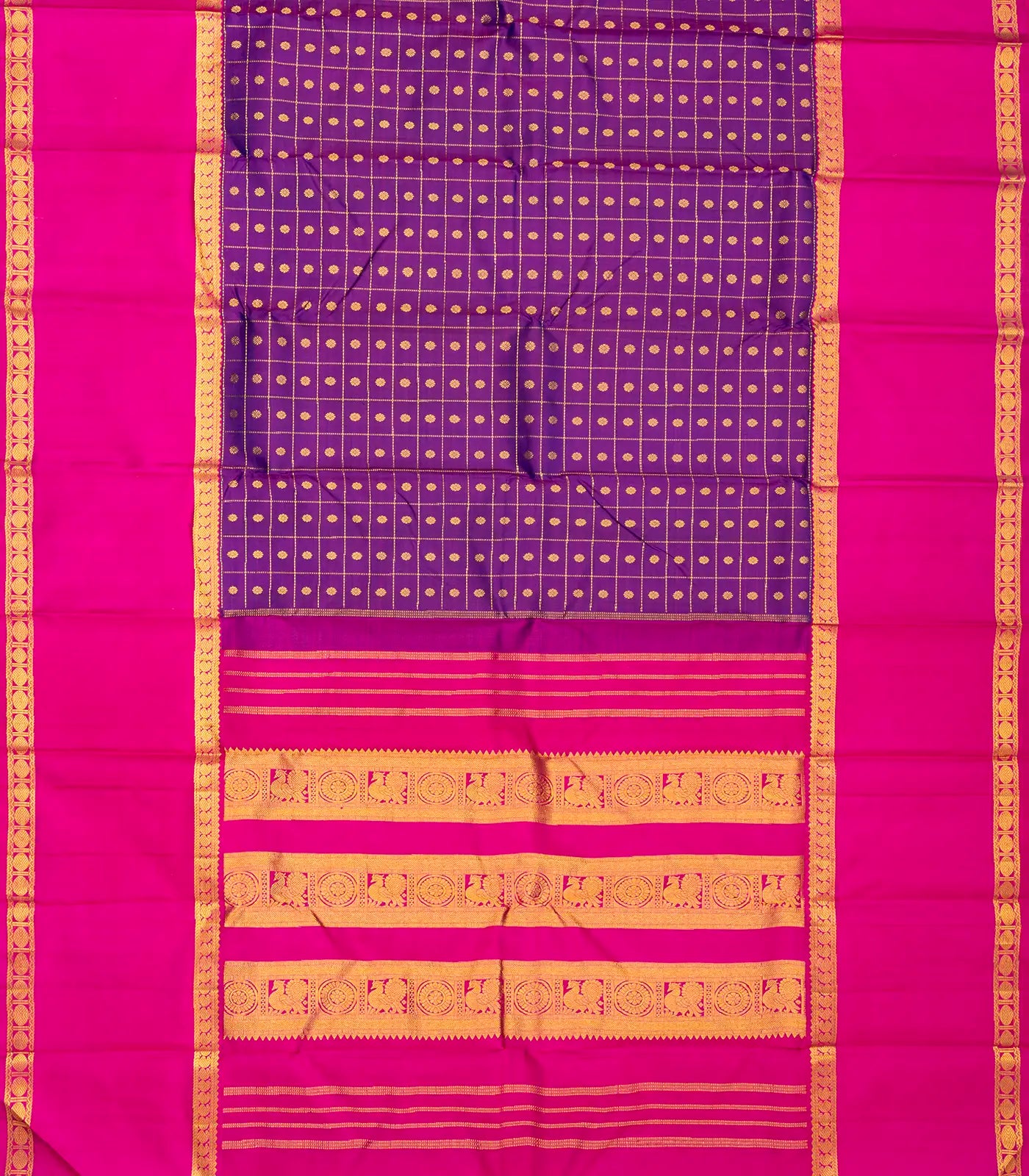 Purple Handloom Kanchipuram Silk Saree With Checks & Buttas