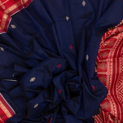 Dark Blue Orissa Cotton Saree With Mango Motifs And Floral Butta