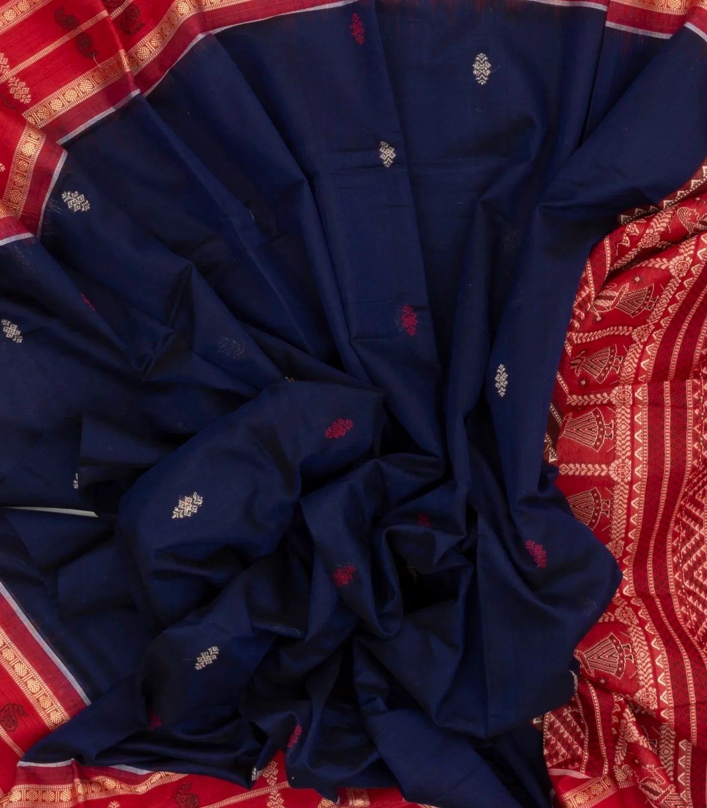 Dark Blue Orissa Cotton Saree With Mango Motifs And Floral Butta