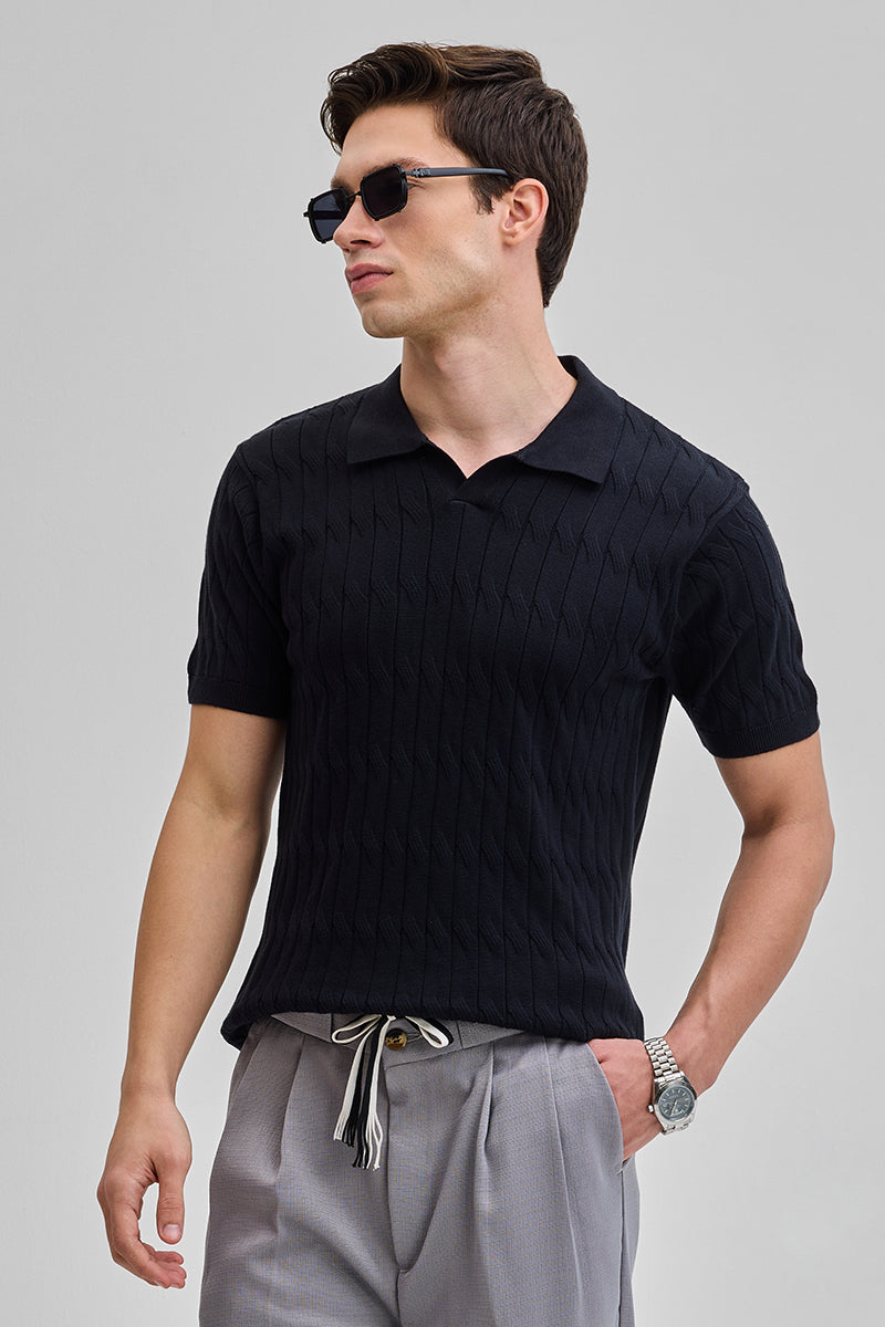 Black Knitted Polo T-Shirt