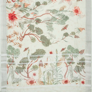 White Handloom Linen Saree With Printed Bird Motifs