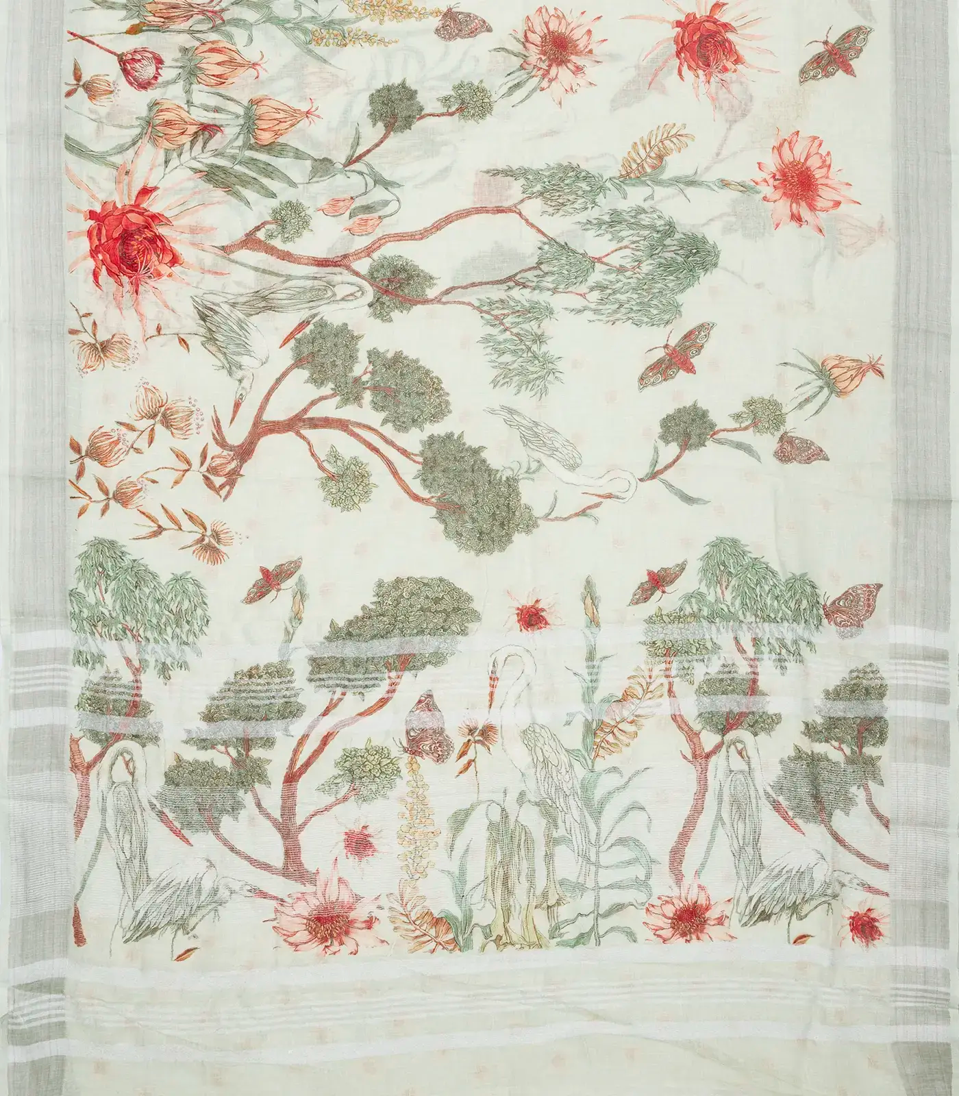 White Handloom Linen Saree With Printed Bird Motifs