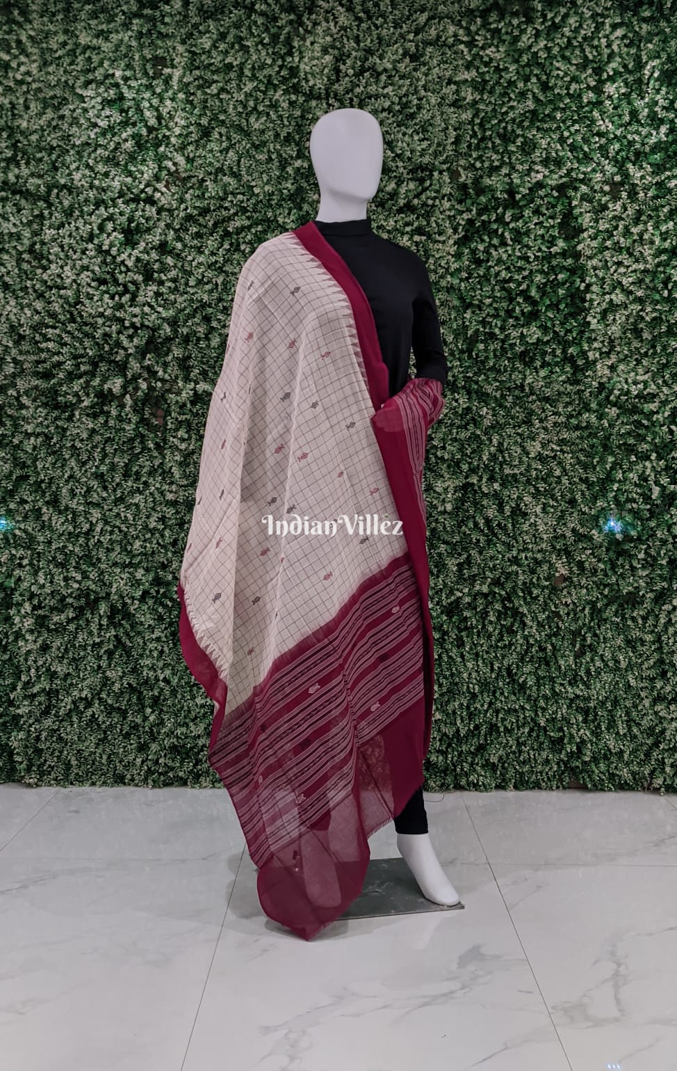White Maroon Butta Design Sambalpuri Cotton Dupatta