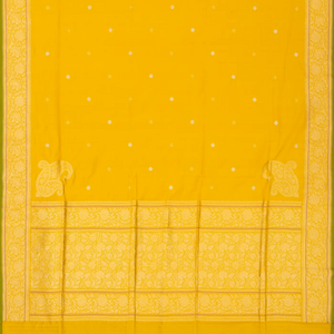 Mustard Handwoven Banarasi Silk Saree With Floral Motifs & Corner Buttas
