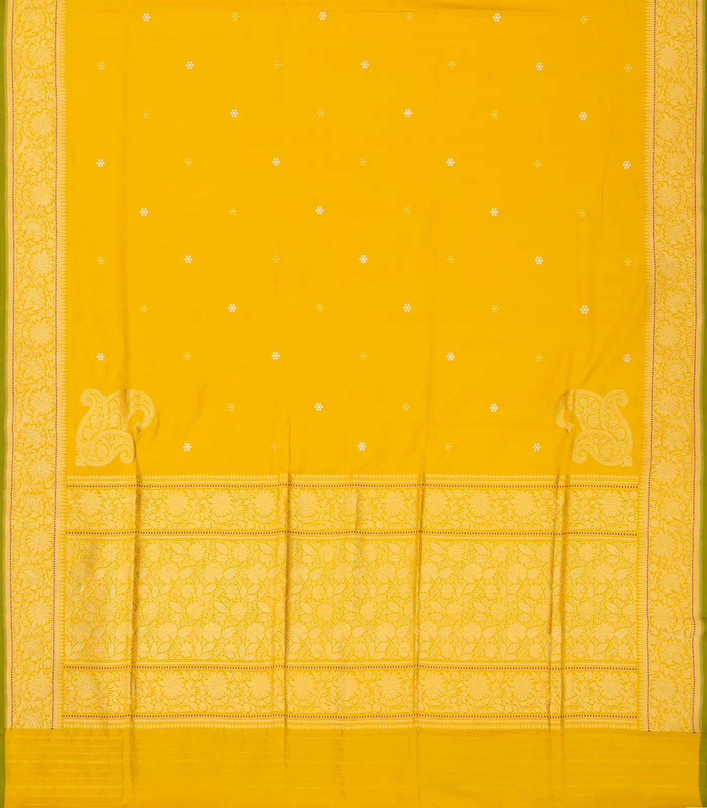 Mustard Handwoven Banarasi Silk Saree With Floral Motifs & Corner Buttas