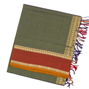 Dark Green Handloom Silk Cotton Saree With Checks