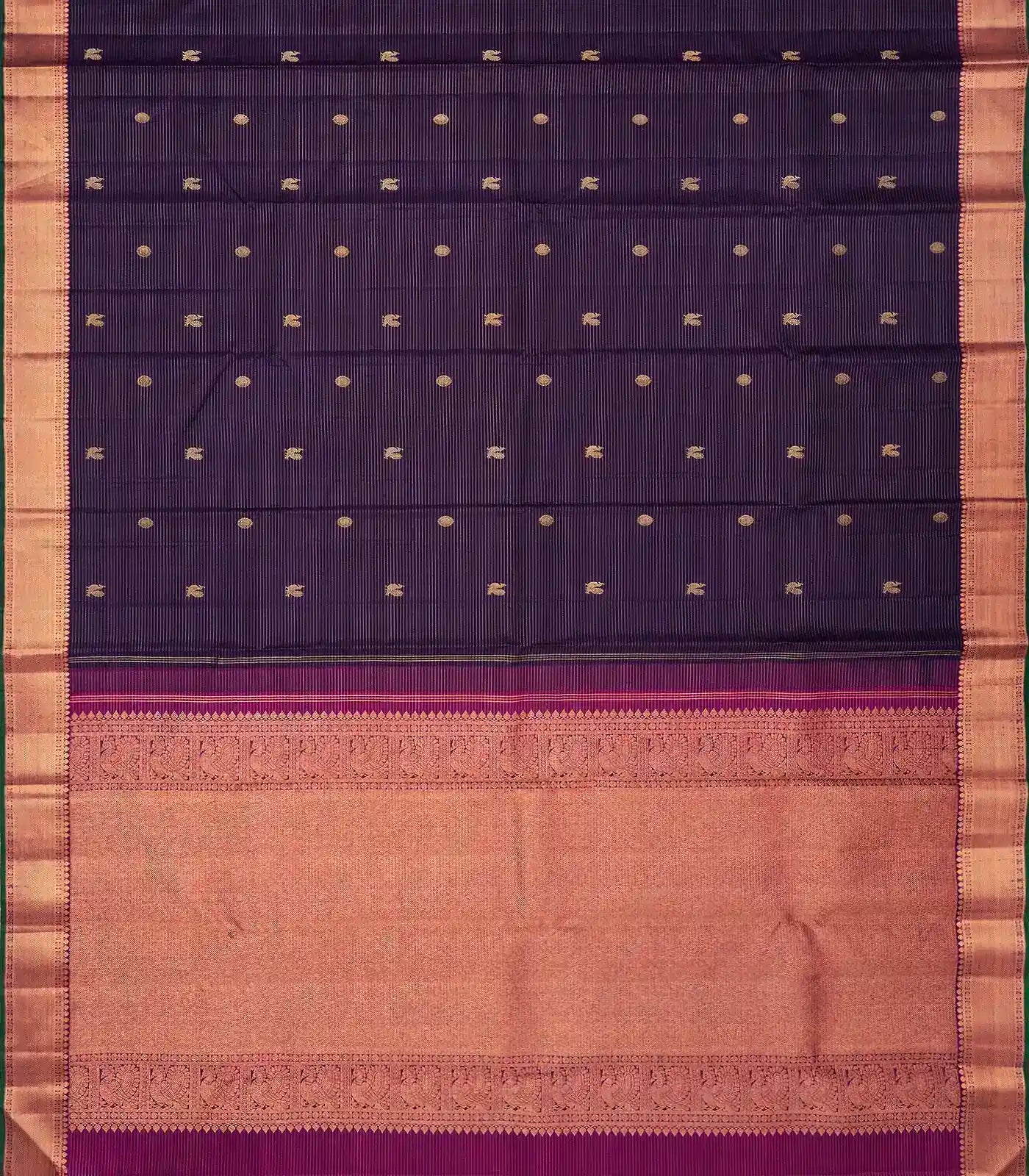 Dark Purple Handloom Kanchipuram Silk Saree With Stripes & Annam Buttas