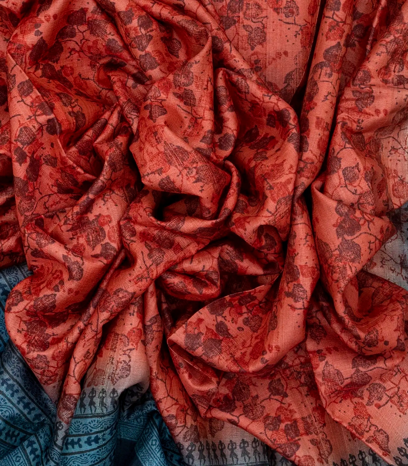 Red Tussar Silk Saree Is Printed With Floral Motifs