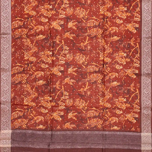 Rust Handwoven Printed Tussar Silk Saree With Bird Motifs-Rust