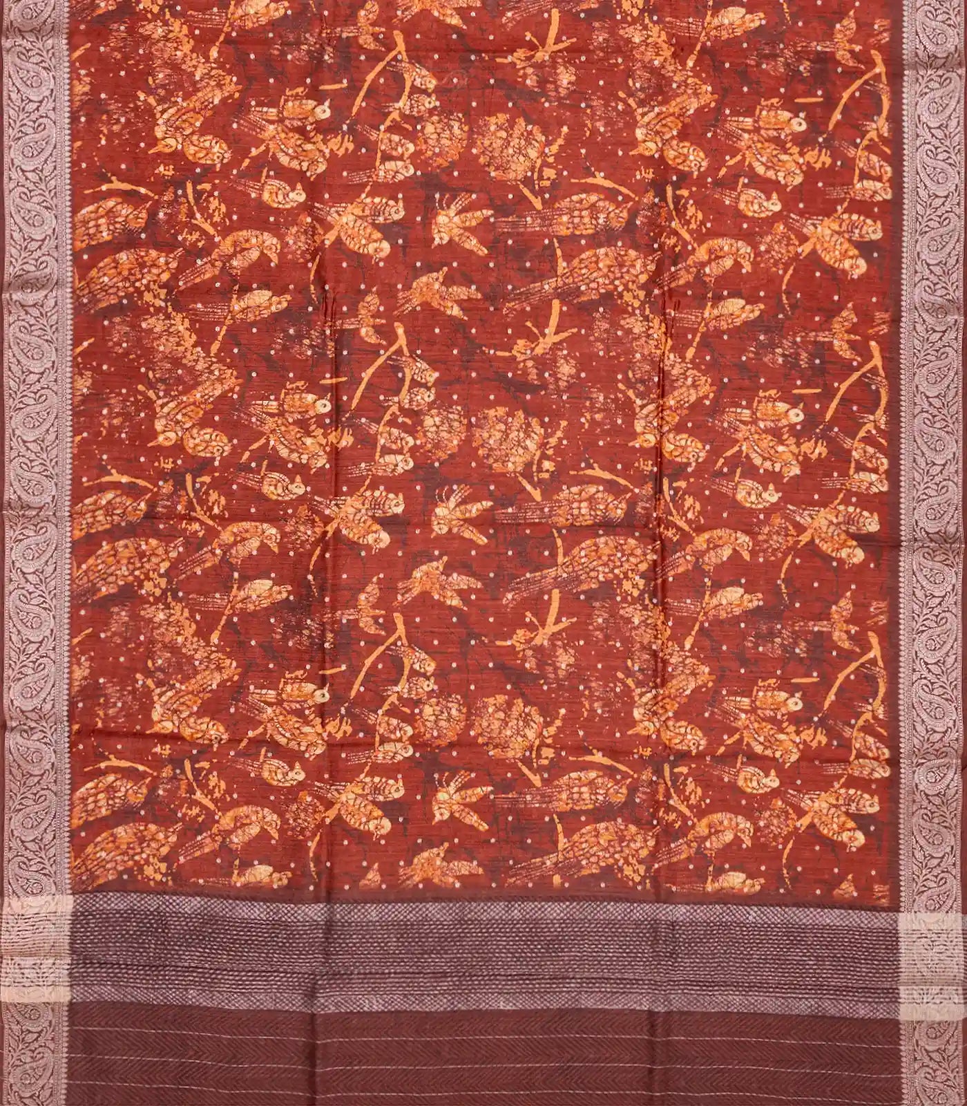 Rust Handwoven Printed Tussar Silk Saree With Bird Motifs-Rust