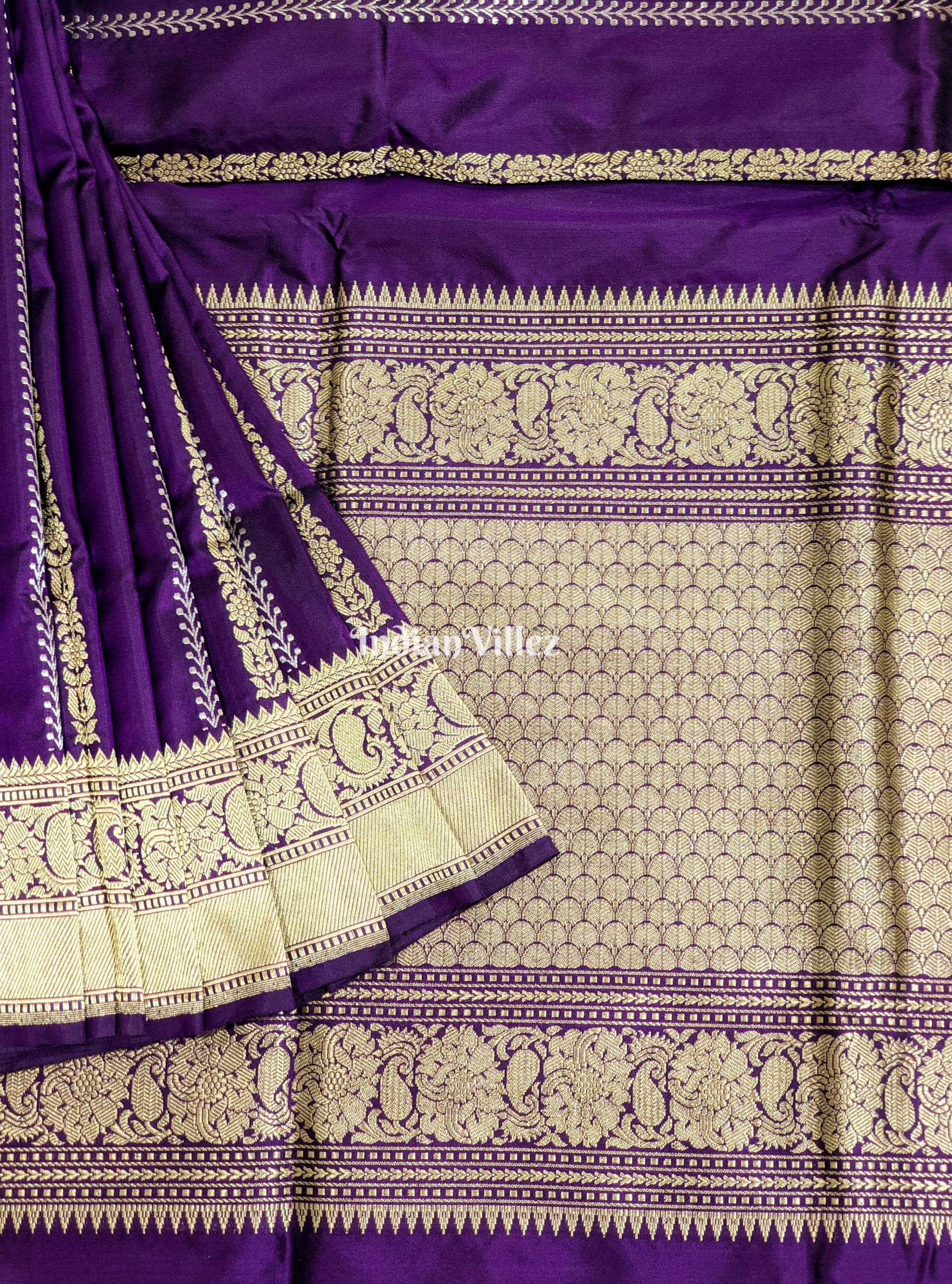 Purple Banarasi Katan Saree with Golden Siver Zari Work