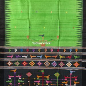 Parrot Green Ganjam Bomkai Theme Gopalpur Tussar Silk Saree