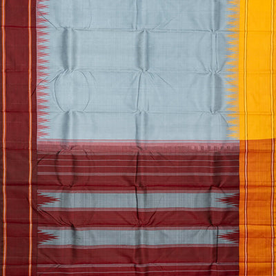 Grey Handloom Kanchipuram Korvai Silk Saree With Ganga Jamuna border