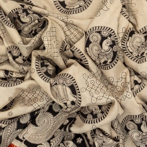 Taupe Handloom Kalamkari Cotton Saree With Printed Annam & Elephant Motifs