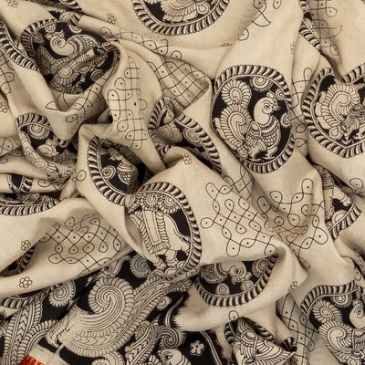 Taupe Handloom Kalamkari Cotton Saree With Printed Annam & Elephant Motifs