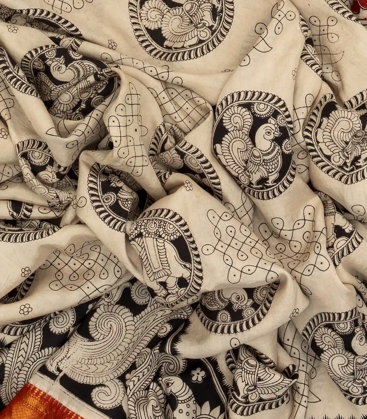 Taupe Handloom Kalamkari Cotton Saree With Printed Annam & Elephant Motifs