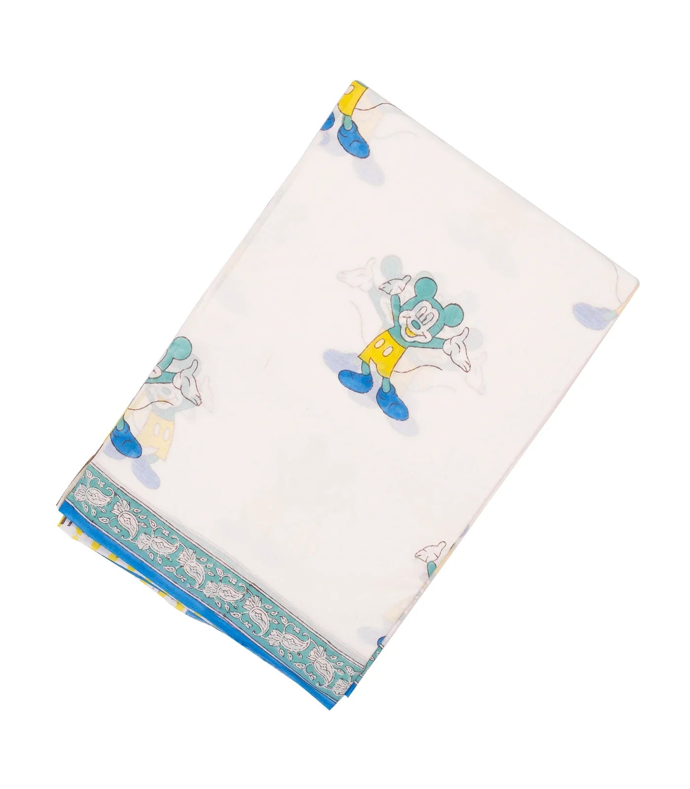 White Woven Jaipur Cotton Saree Printed With Micky Mouse Motifs